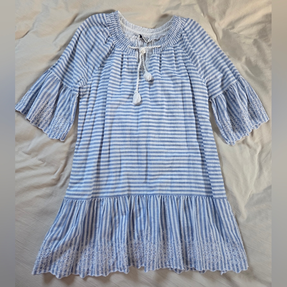 Vineyard Vines Tiamo Blue Striped Dress Size 12 Short Sleeve Embroidered Cotton